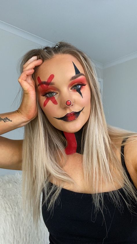 Cute Clown Makeup Red And Black, Red And Black Jester Makeup, Easy Killer Clown Makeup, Clown Makeup Black And Red, Clown Makeup Red And Black, Black And Red Clown Makeup, Red And Black Clown Makeup, Clown Makeup Red, Red Clown Makeup