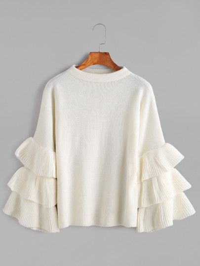 White Layered Ruffle Sleeve Pullover Sweater Stile Hijab, Fashion Tops Blouse, Long Sleeve Pullover Sweater, Designs For Dresses, Mode Inspo, Sweaters Online, Pullover Sweater Women, Girls Fashion Clothes, Sweater Women