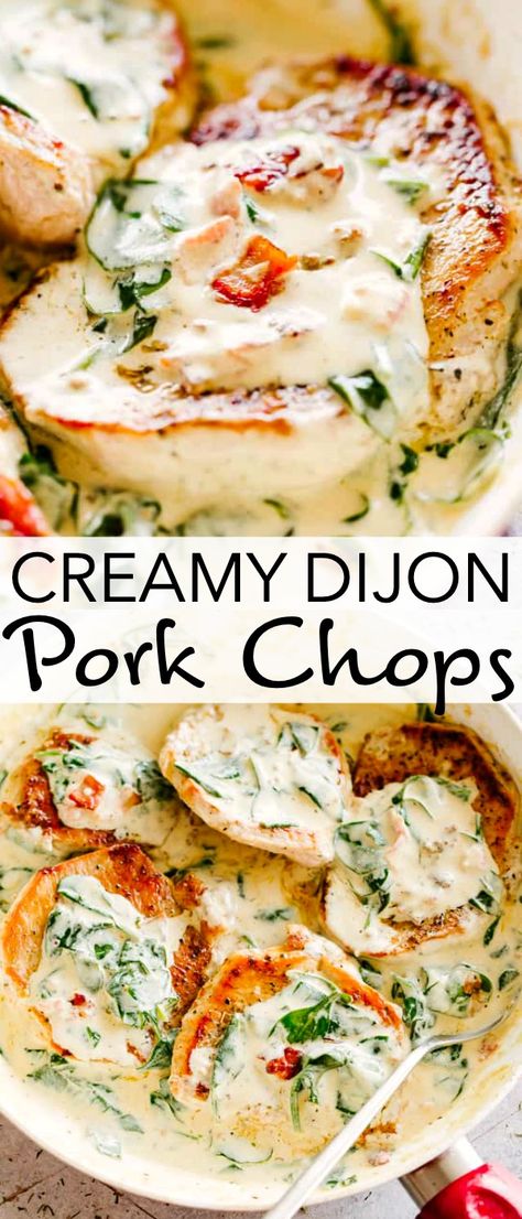 CREAMY DIJON PORK CHOPS! Crispy, savory, juicy pork chops in a creamy dijon sauce with bacon, cheese, and spinach! Easy, delicious, AND LOW CARB! #lowcarb #keto #porkchops #quickdinner Creamy Dijon Pork Chops, Dijon Pork Chops, Creamy Dijon Sauce, Creamy Dijon, Dijon Sauce, Low Carb Pork, Easy Pork Chops, Easy Pork Chop Recipes, Pork Chop Recipes Baked