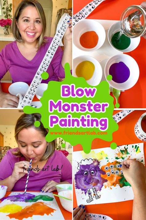 Get creative with Monster Blow Painting – a spooktacular Halloween process art project for little ones! Kids will love blowing paint into wacky shapes to create their own colorful monsters. Blow Paint Monsters Art, Blow Paint Monsters, Monster Blow Painting, Monster Preschool Art, Process Art Halloween, Blow Art Painting, Halloween Projects Preschool, Color Monster Activities Preschool, Halloween Process Art