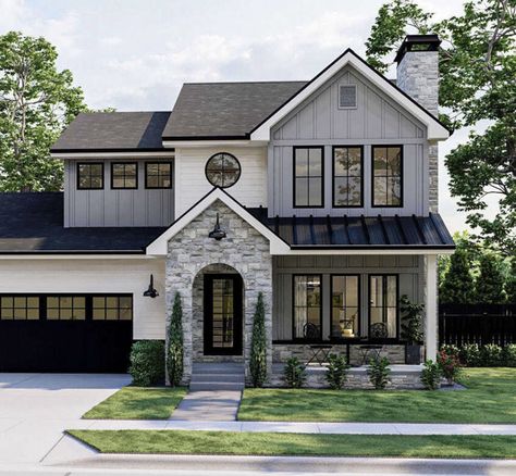 Transitional Craftsman Exterior, Medium Size Houses Modern, Bloxburg Modern Farmhouse Color Schemes, Two Story Home Exteriors, House Outer Design Cottage, Small Family House Exterior, Older Homes Exterior, Small Aesthetic House Exterior, Small Cute House Exterior