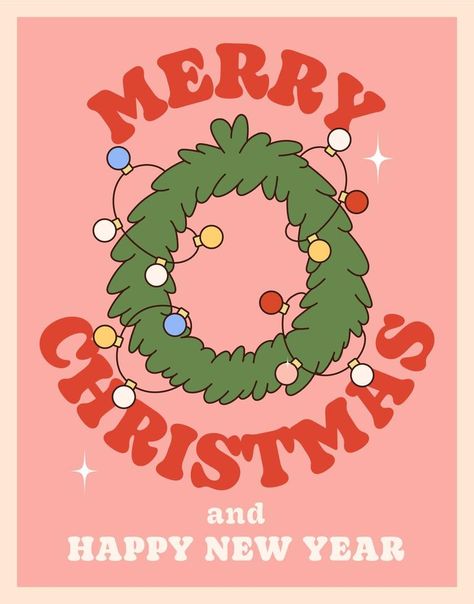 Merry Christmas and Happy new year. Hippie groovy poster with spruce wreath and garland. On trendy style with a 70's vibes. Merry Christmas Poster Design Ideas, Christmas Posters Ideas, Christmas Posters Design, Marry Christmas Poster, Cute Christmas Posters, Merry Christmas Illustration Design, Chrismast Poster, Merry Christmas And A Happy New Year, Groovy Christmas Wallpaper