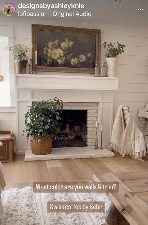 Behr Swiss Coffee Walls With White Trim, Behr Swiss Coffee Walls, Swiss Coffee Walls With White Trim, Swiss Coffee Walls, Behr Swiss Coffee, Swiss Coffee Paint, Light Oak Floors, Painted Brick Fireplace, Swiss Coffee