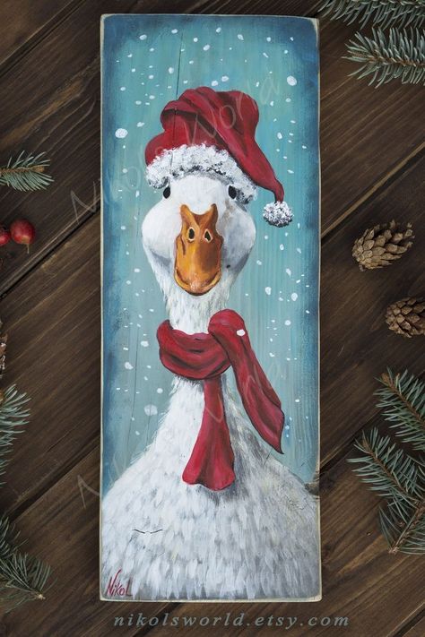 Slate Painting Ideas Christmas, Christmas Goose Painting, Christmas Duck Painting, Christmas Goose Illustration, Santa Hat Ornaments, Christmas Chicken Painting, Rustic Paintings On Canvas, Xmas Paintings On Canvas, Diy Christmas Paintings On Canvas