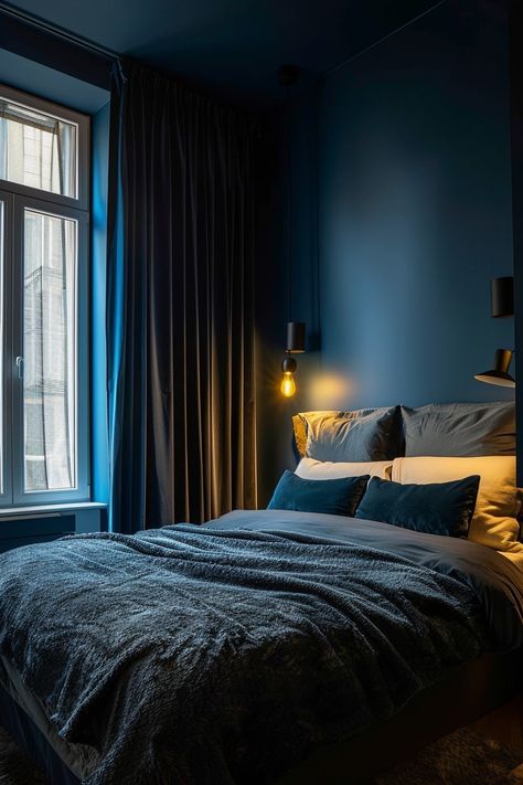 Dark Cozy Bedroom Ideas, Dark Modern Bedroom, Blue Bedroom Paint, Dark Blue Rooms, Girls Blue Bedroom, Dark Cozy Bedroom, Dark Blue Bedrooms, Blue Bedroom Walls, Cozy Bedroom Ideas