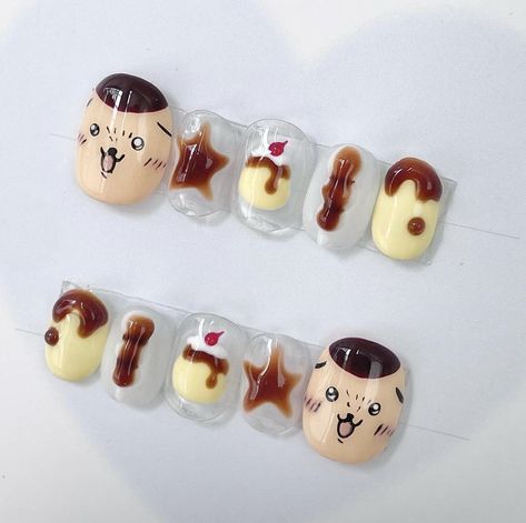 Pudding Nail Art, Juminocore Nails, Cookie Nail Art, Pudding Nails, Rilakkuma Nails, Choco Biscuit, Food Nails, Hello Nails, Hippie Nails