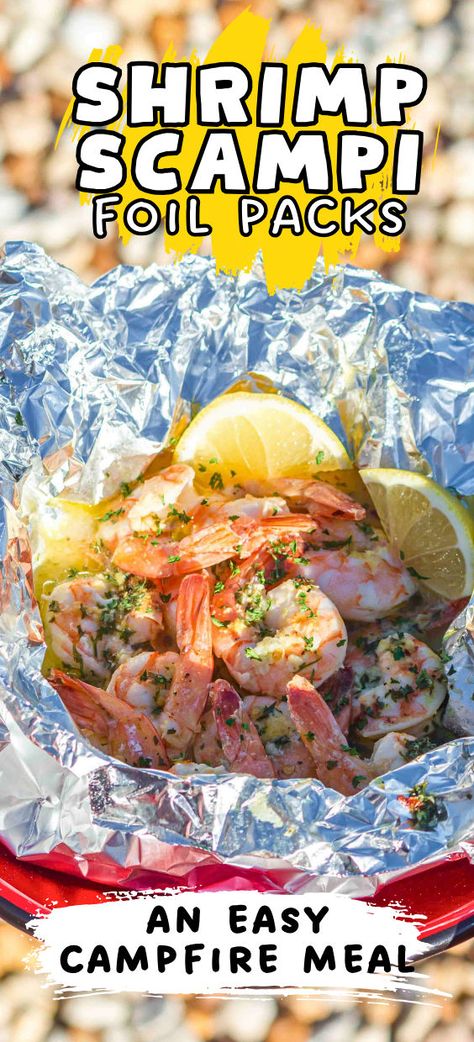 Shrimp scampi hobo dinner recipe Shrimp Scampi Foil Packets, Simple Shrimp Scampi, Meals To Cook, Foil Pack Dinners, Foil Packet Dinners, Foil Pack Meals, Foil Packs, Foil Packet Meals, Grilled Shrimp Recipes