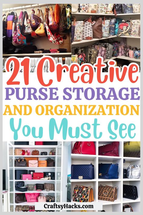 Closet Ideas For Purses, Handbag Wall Display, Wall Storage For Purses, Purse Storage Display, Storing Purses In Closet, Shoe And Purse Closet, Purse Shelves Display, Bag Storage Ideas Handbags, How To Store Purses