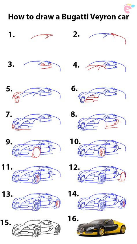 Super Car Drawing, Car Drawings Easy, Car Sketch Simple, Cool Car Drawings Easy, Car Drawings Step By Step, Supercar Drawing, Step By Step Car Drawing, Bugatti Drawing Easy, Car Drawing Sketches Step By Step