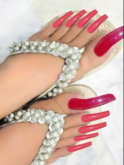 Red Pedicure, Sarah Jessica Parker Shoes, Red Toenails, Crazy Heels, Long Gel Nails, Red Toes, Long Natural Nails, Long Toenails, Rare Features