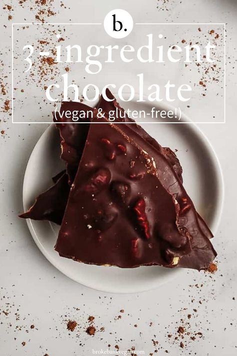 Made with only cacao powder, coconut oil, and maple syrup, this simple 3-ingredient vegan chocolate is the perfect treat to always have on hand. #veganchocolate #chocolaterecipe #homemadechocolate Cacao Butter Recipes, Gluten Free Strawberry Cake, Cacao Powder Recipe, Cacao Powder Benefits, Cocoa Powder Recipes, Coconut Oil Chocolate, Vegan Chocolate Recipes, Dark Chocolate Recipes, Vegan Chocolate Bars