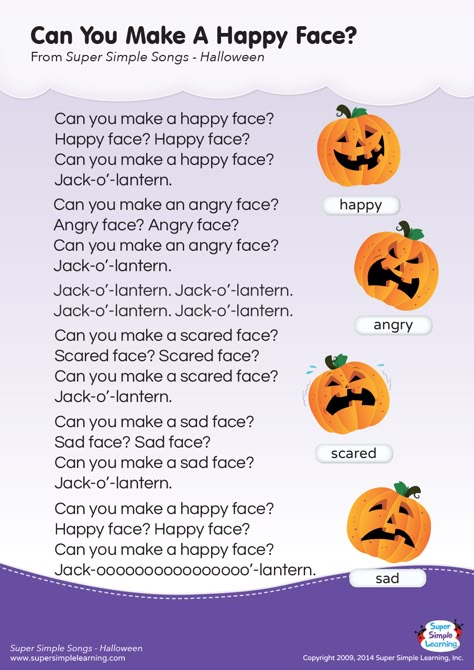 Can You Make A Happy Face? Lyrics Poster | Super Simple Song Lyric Ideas, October Songs, Prek Songs, Halloween Storytime, Prek Halloween, Lyric Ideas, Happy Theme, Kindergarten Esl, October Music