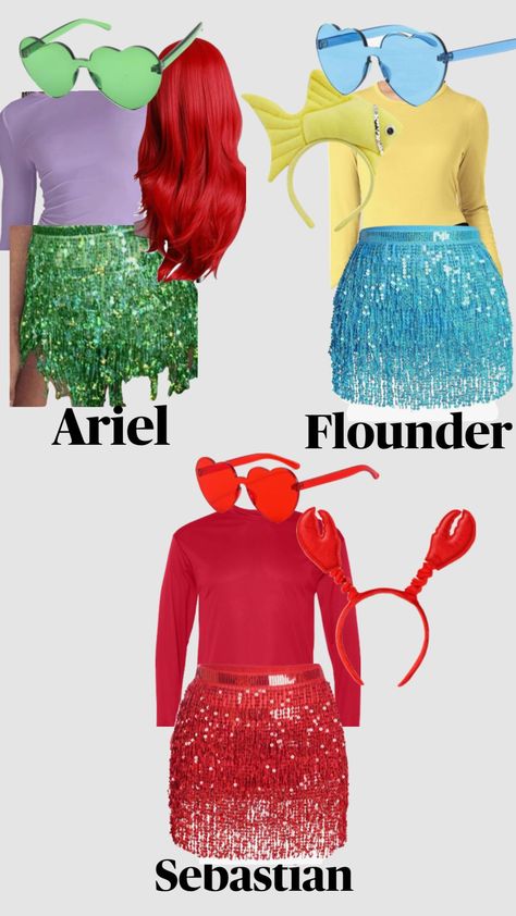 Trio Idea, Ariel Halloween, Fun Halloween Outfits, Halloween Trio, Trio Halloween Costume, Cute Group Halloween Costumes, Matching Halloween Costumes, Classy Halloween Costumes, Bff Halloween Costumes