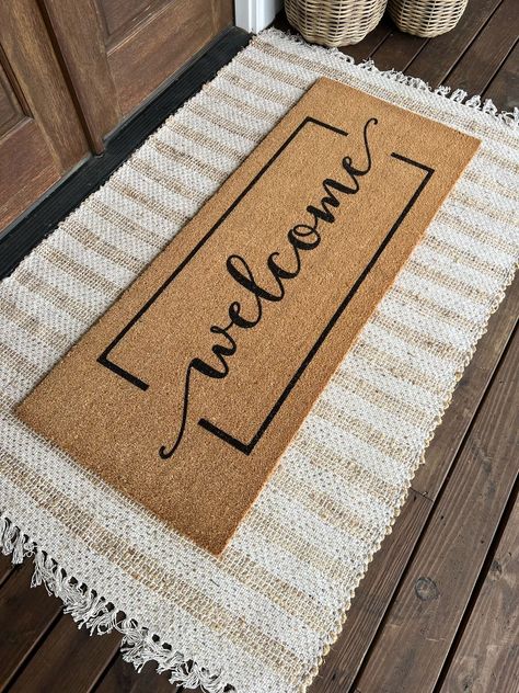 brunoandlibby's Front Porch Collection on LTK Welcome Mat Layering, Front Porch Welcome Mat, Outside Door Mats Front Porches, Front Door Doormat Ideas, Entry Mat Outdoor, Layered Rugs Front Door, Front Door Mats Layered, Diy Outdoor Mat, Front Porch Mats Doormats