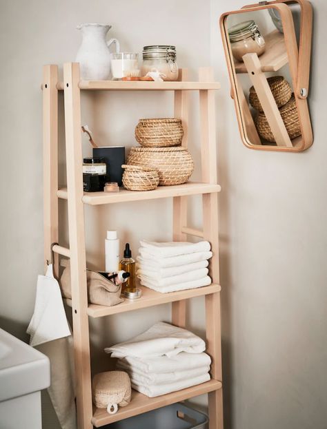 This ladder style shelving is everywhere at the moment! And it's easy to see why, it looks gorgeous, doesn't take up a load of room and makes for perfect bathroom storage. #bathroom #storage #bathroomstorage #laddershelf #realhomes Ikea Bathroom Storage, Clever Bathroom Storage, Diy Bathroom Storage Ideas, Montessori Bookshelf, Ikea Desk Hack, Bathroom Closet Organization, Shoe Holder, Closet Organization Ideas, Ikea Finds