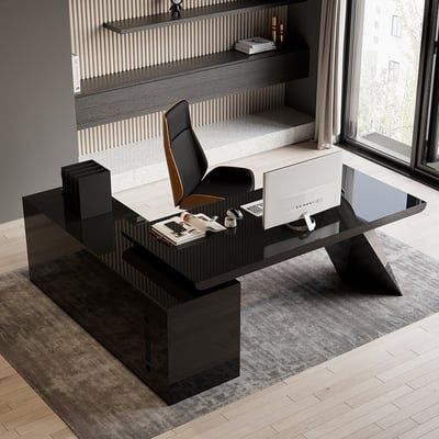 Black Large Office Desk, L Shaped Executive Desk, Modern Home Offices, Office Interior Design Modern, Executive Office Desk, Modern Office Desk, Modern Office Design, Luxury Office, التصميم الخارجي للمنزل