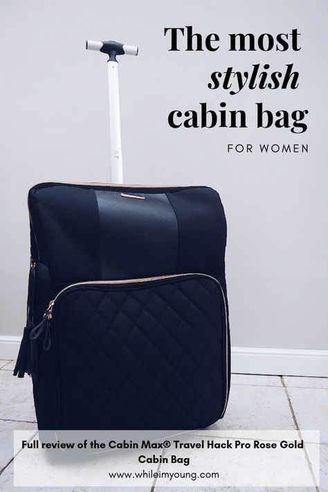 The most stylish cabin bag for women Carryon Bag, Luxury Luggage, Cute Luggage, Travel Bag Essentials, Travel Hack, Black And Rose Gold, Cabin Bag, Water Bottle Holder, Leather Luggage Tags