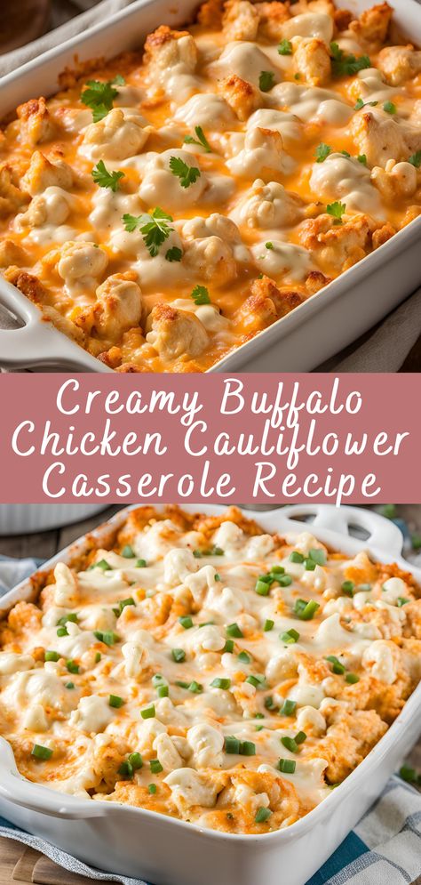 Creamy Buffalo Chicken Cauliflower Casserole Recipe | Cheff Recipes Recipes That Use Cauliflower, Cauliflower Recipes Chicken, Buffalo Chicken And Cauliflower Bake, Buffalo Chicken Blue Cheese Casserole, Buffalo Cauliflower Pasta, Ground Chicken Cauliflower Recipes, Diabete Friendly Recipes For Dinner Easy, Buffalo Chicken Cauliflower Mac N Cheese, Chicken Califlower Casseroles Keto