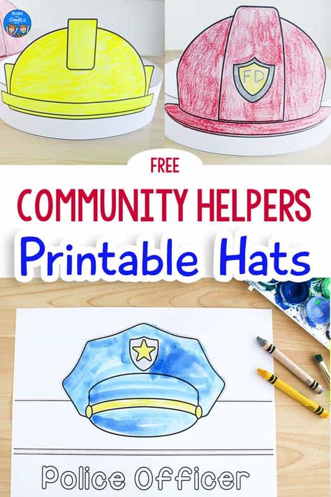 Grab 11 free printable community helper hats and get suggestions on ways to use them in the classroom or at home. These are an easy addition to preschool and kindergarten units. You get each of these black & white hats: firefighter, police officer, construction worker, chef, nurse, mail carrier, farmer, FBI agent, soldier, Air Force Officer, and Marine. Won't these be a fun activity for dramatic play! Community Helpers Hats, Community Helper Hats, Community Helpers Police Officer, Community Helper Dramatic Play, Community Helpers Police, Prek Community Helpers, Community Helpers Art, Community Helpers Lesson Plan, Community Helpers Week