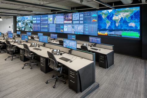 Video walls are everywhere. When choosing an integrator for your mission critical installation, it's vital to choose one with significant experience in the field. Data Center Design, Security Room, Business Office Design, Home Command Center, Server Room, Technology Photos, Modern Office Design, Luxury Office, Futuristic Interior