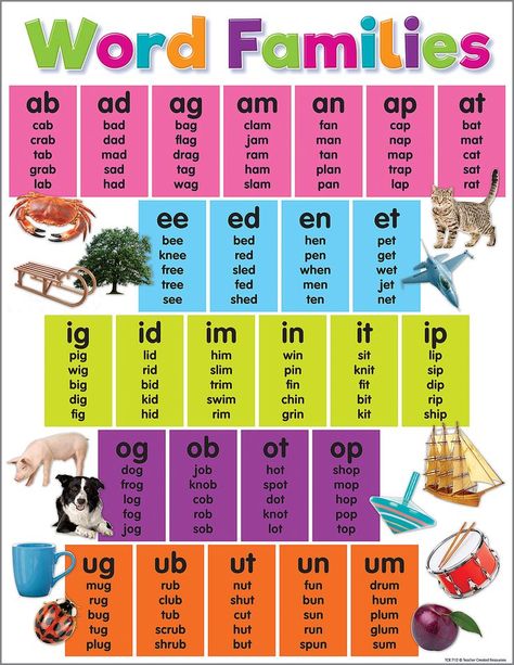 Colorful Word Families Chart — Cm School Supply 774 Fundations Kindergarten, Word Family List, Kindergarten Word Families, Teaching Child To Read, Phonics Chart, Learning Phonics, Cvc Word Families, Phonics Sounds, English Phonics