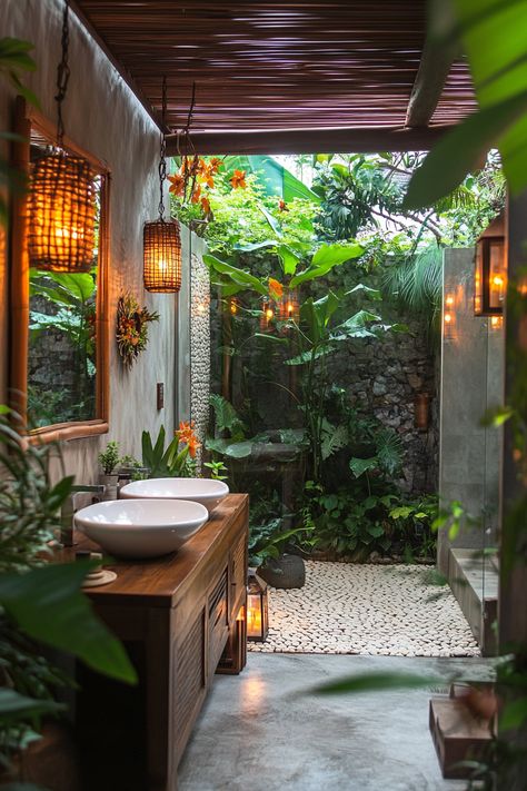 Transform your space with modern bathroom ideas inspired by nature! This tropical oasis features lush greenery, warm wooden accents, and ambient lighting to create a serene retreat. Perfect for relaxation and rejuvenation. #ModernBathroomIdeas #HomeDecor #BathroomDesign Modern Bathroom With Plants, Tropical Retreat House, Biophilic Design Bathroom, Hawaiian Houses Interior, Hawaiian Bathroom Ideas, Modern Hawaiian Interior Design, Tropical Minimalist Interior, Modern Tropical Bathroom, Caribbean Bathroom