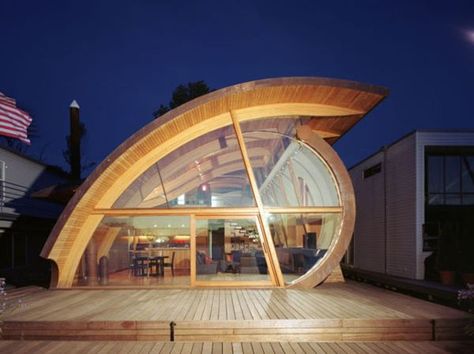 Architectural Wonders: 12 Curved Roof Buildings That Will Blow Your Mind Reading Pavilion, Floating House Design, Quirky Buildings, Jungle Restaurant, Bruce Goff, Modern Wooden House, Contemporary Exterior, Building Roof, Unusual Homes