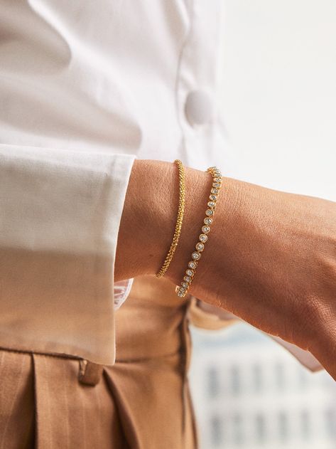 Shop the Get Gifting: Enjoy 20% Off Avery 18K Gold Bracelet - Gold at the official Baublebar site. Get Gifting with 20% off. Discount automatically applied in cart. . Gold Tennis Bracelet Stack, Gold Everyday Bracelet, Tennis Bracelet Stack, Fancy Bracelets, Gold Bracelet Stack, Bracelet Styles, Wrist Stack, Gold Medallion Necklace, Gold Bracelets Stacked