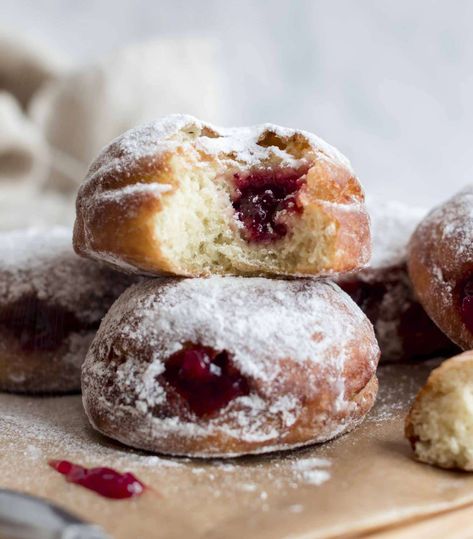 Sweet Vegan Sufganiyot Sufganiyot Recipe, Jelly Donuts Recipe, Jelly Donuts, Vegan Jelly, Baked Donut Recipes, Donuts Recipe, Homemade Almond Milk, Sweet Dough, Vegan Milk