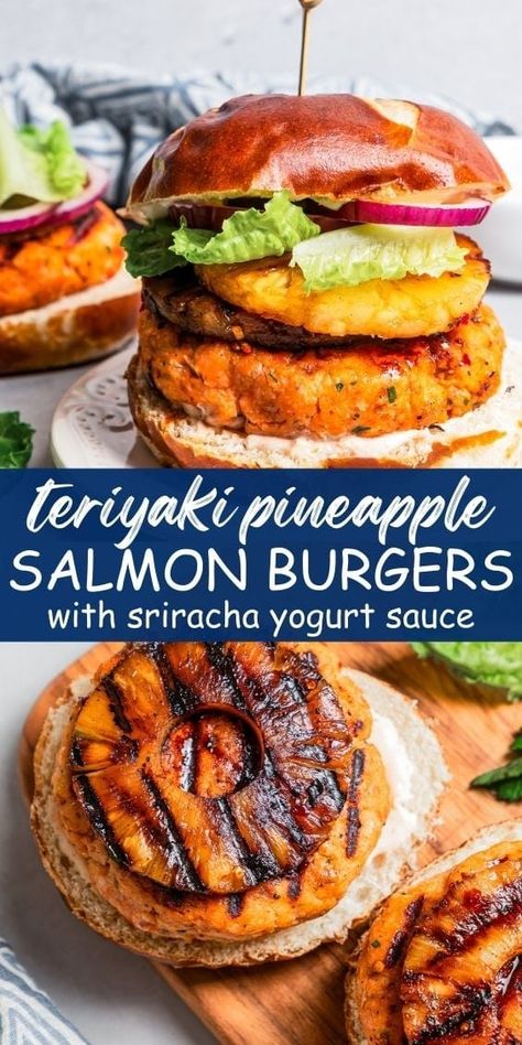 Teriyaki Salmon Burger, Salmon Patty Sandwich, Sauce For Salmon Burgers, Salmon Burger Toppings, Salmon Burger Sauce, Moist Salmon, Diethood Recipes, Teriyaki Pineapple, Grilled Salmon Burgers