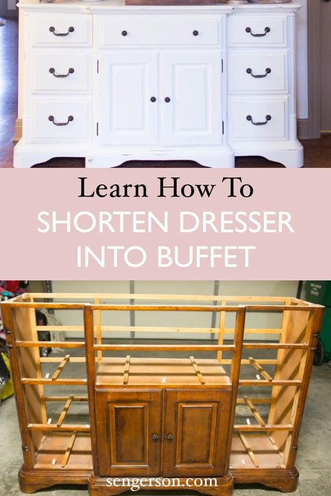 Learn how to convert your tall dresser into a buffet! This tutorial teaches you how to repurpose and give your old dresser a makeover and make it from tall to short for the space. Dresser To Sideboard Diy, Dresser To Buffet Makeover, Dresser Into Buffet, Dresser Into A Buffet, Dresser To Buffet, Tall Narrow Dresser, Playroom Paint Colors, Sideboard Diy, Dining Room Dresser