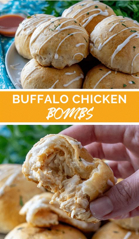 Buffalo Chicken Bombs - Family Fresh Meals Dip Healthy, Muffins For Breakfast, Buffalo Chicken Bites, Buffalo Chicken Recipes, Chicken And Cheese, Fresh Meals, Bread Muffins, Chicken And Biscuits, Family Fresh Meals