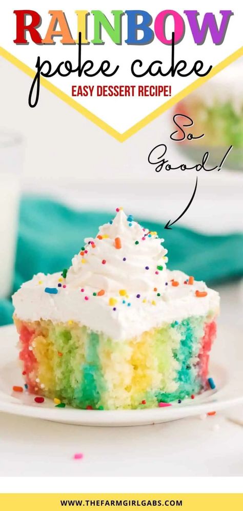 Make a colorful, moist, and utterly delicious cake within minutes with this Rainbow Poke Cake recipe. It is full of flavor and plenty of fun colors, including shades of pink, blue, and yellow! This easy poke cake recipe is fun St. Patrick's Day recipe or easy birthday cake idea. This moist vanilla cake recipe will not last long. Try this easy jello dessert recipe. Rainbow Poke Cake, Moist Vanilla Cake Recipe, Easy Poke Cake, Easy Birthday Cake, Jello Dessert, Poke Cake Recipe, Jello Dessert Recipes, Moist Vanilla Cake, Jello Desserts