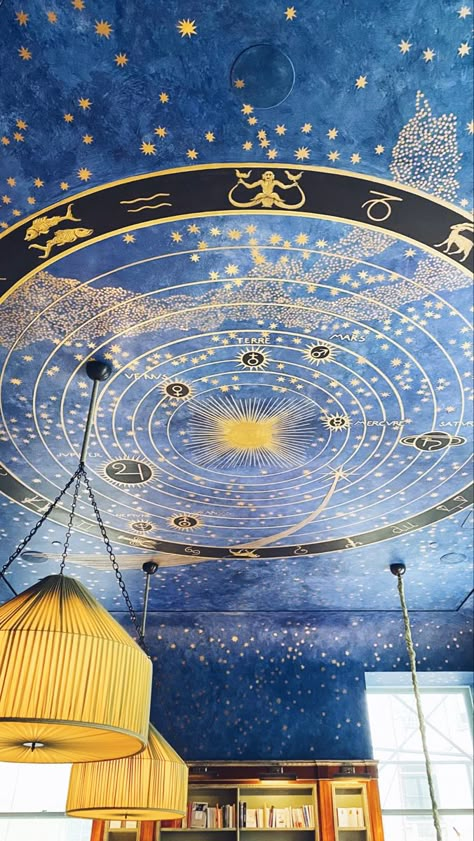 Astrology ceiling Astrologer Office Interior, Star Chart Ceiling, Astrology Ceiling, Astrology Room Aesthetic, Astrology Architecture, Hanging Art From Ceiling, Astrology Room, Mural Ceiling, Astrology Cafe