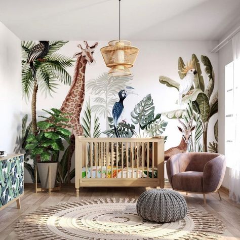 Jungle Baby Room Lambs & Ivy, Monkey Wallpaper Nursery, Nursery Dark Furniture Safari, Tropical Baby Nursery Wallpaper, Jungle Theme Baby Room Wallpaper, Safari Wallpaper Kids Room, Jungle Theme Jungle Shelves, Animal Wallpaper For Baby Room, Banana Leaf Wallpaper Nursery