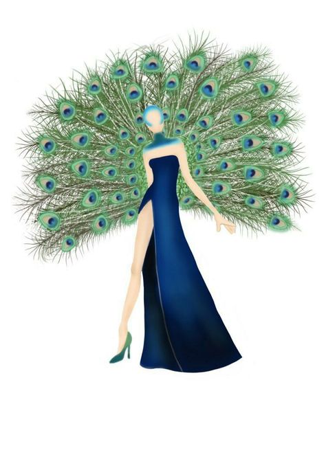 Digital sketch of a dress inspired by peacocks x Peacock Dresses Design, Peacock Outfit Drawing, Female Peacock Drawing, Peacock Dress Illustration, Peacock Dress Drawing, Peacock Fashion Illustration, Peacock Fashion Design, Peacock Dress Design Illustration, Peacock Dress Design