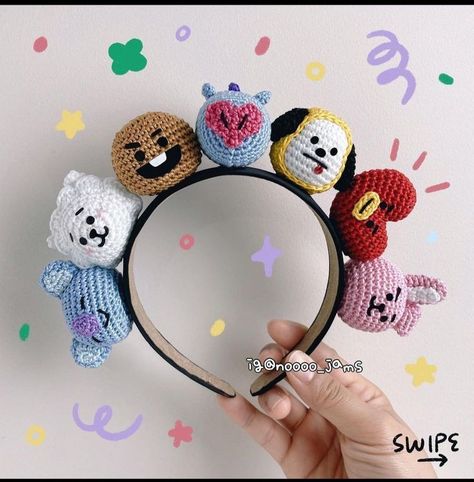 Bt21 Tejidos A Crochet, Bts Crochet Ideas, Crochet Kpop Ideas, Bts A Crochet, K Pop Crochet, Bt21 Headband, Bts Crochet Pattern, Amigurumi Bts, Bts Amigurumi