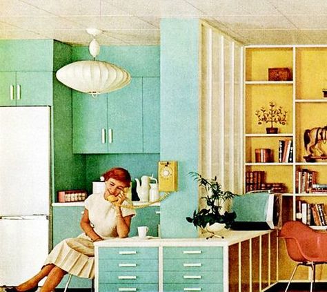 1958 kitchen. Why aren't homes this colorful anymore? We need more color in our lives! Indoor Pools, Mid Century Modern Kitchen, Deco Retro, Retro Interior, Vintage Interiors, Vintage Interior, Retro Home Decor, Retro Home, Mid Century House