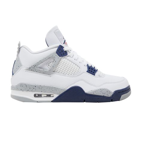 Find JORDAN 4 Retro 'midnight Navy on Editorialist. The Air Jordan 4 Retro ‘Midnight Navy’ dresses the legacy silhouette in the same color blocking used on the OG ‘Fire Red’ colorway. The upper is constructed from white leather with black support wings, a matching black heel tab with embossed Jumpman branding, and navy molded eyelets. A second Jumpman icon adorns the woven tongue tag in crimson. The sneaker rides on a two-tone polyurethane midsole, featuring encapsulated Air in the forefoot and a visible unit in the heel. Jordan 4s Blue And White, Air Jordan 4 Retro Midnight Navy, Midnight Blue Jordan 4, Navy Blue 4s, Blue Aesthetic Items, Jordan 4 Navy Blue, Midnight Navy Jordan 4, Jordan Fours, Jordans 4s