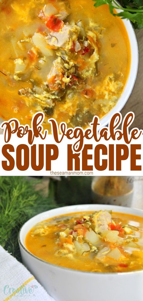 Packed-full of healthy vegetables, this pork chop soup is the perfect Sunday dinner idea! Comfort food at its best, this yummylicious pork soup also comes together in no time! #easypeasycreativeideas Leftover Pork Soup, Soups With Pork Loin, Leftover Pork Loin Recipes Soup, Pork Shoulder Soup Recipes, Pork Broth Uses, Pork Roast Soup Recipes, Leftover Pork Soup Recipes, Pork Broth Soup Recipes, Soup With Leftover Pork