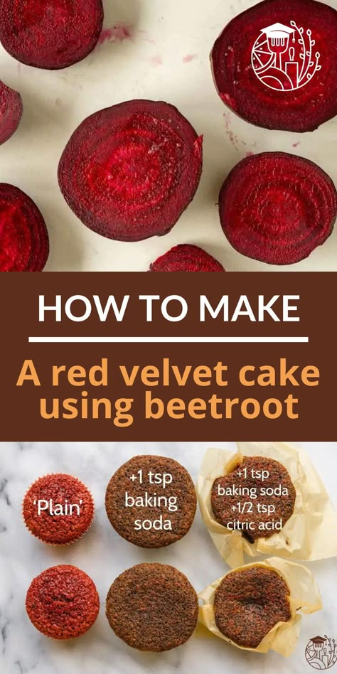 Have you tried baking a red cake using beetroot as a colorant? Only to have it turn out brown instead of that beautiful bright red color? It’s not easy to color a brown cake red. But that’s exactly what you try to do when making a red velvet cake. Experiment using beetroot in a red velvet cake. See recipe on my website or on Pinterest. Recipes, cakes, food, science, troubleshooting, how to make, baking tips. Red Velvet Cake Without Red Dye, Red Velvet Beetroot Cake, Red Velvet Without Food Coloring, Red Velvet Cake Without Food Coloring, Natural Red Velvet Cake Recipe, Cute Red Velvet Cake, Beetroot Cake Recipe, Eggless Red Velvet Cake, Vegan Red Velvet Cake