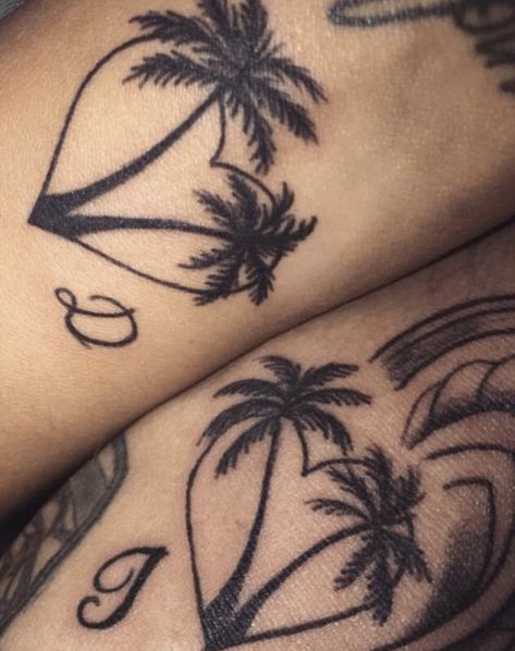 Matching palm tree heart tattoos Tree Heart Tattoo, Tropical Tattoos, Palm Tree Tattoos, Support Tattoo, Palm Tree Tattoo Ankle, Tropical Tattoo, Hawaii Tattoos, Favorite Tattoos, Sunset Tattoos