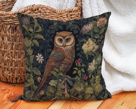 Woodland Throw Pillows, Woodland Decorations Forest Theme, Upholstry Fabric, Forest Owl, Woodland Home Decor, Owl Home Decor, William Morris Inspired, Fox Pillow, Owl Pillow