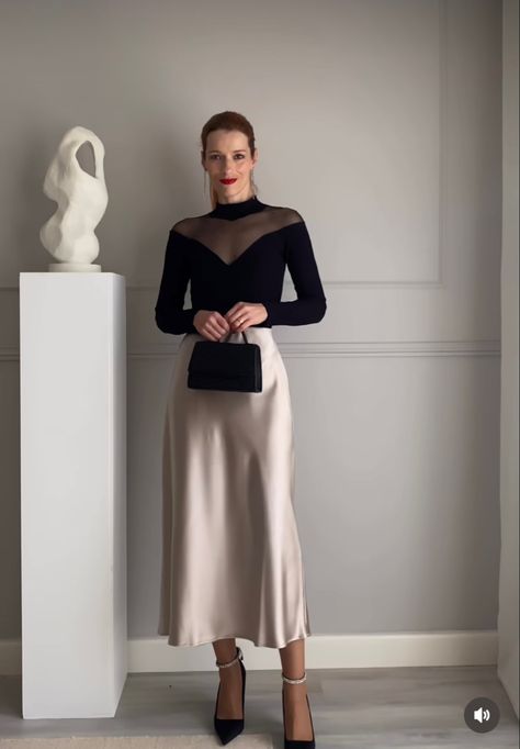 Satin Gold Skirt, Christmas Party Outfits Satin Skirt, Silk Midi Skirt Outfit Formal, Silver Slip Skirt, Silk Skirt Outfit Classy Wedding, Formal Satin Skirt Outfit, Satin Skirt Elegant Outfit, Long Gold Skirt Outfit, Satin Skirt Evening Outfit