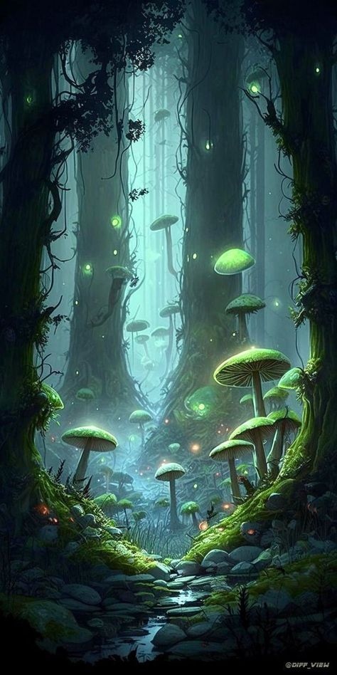 Dark Mushroom Aesthetic Wallpaper, Fantasy Illustration Art Imagination, Fantasy Background Magic Scenery, Magical Forest Illustration, Feywild Aesthetic, Mystical Forest Art, Fantasy Mushroom Forest, Magical Forest Aesthetic, Wald Wallpaper