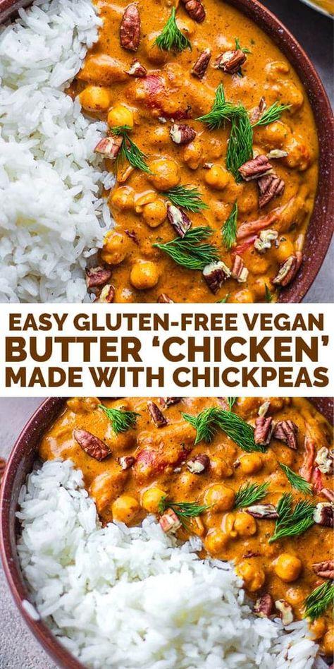 This easy vegan butter 'chicken' is made with chickpeas and peanut butter, and is savoury, rich, and ready in 15 minutes. Gluten-free and oil-free. Butter Chicken Chickpeas, Easy Vegan Butter, Butter Chickpeas, Chicken Chickpeas, Vegan Chickpea Recipes, Vegan Butter Chicken, Chicken Chickpea, Chick Pea, Vegan Curry