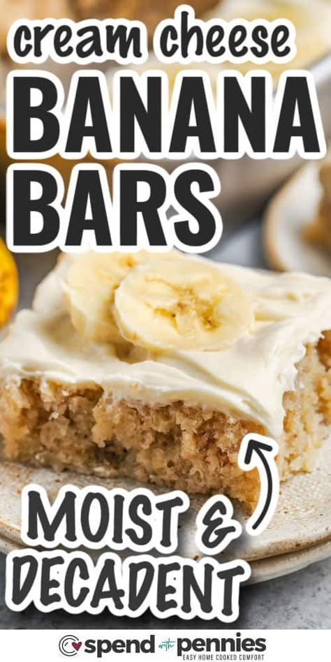 Make these delicious homemade banana bars with cream cheese frosting and watch them disappear! It won't take long to make these moist and tender bars and it is a great way to use up overripe bananas. And the ingredients are so simple - flour, butter, bananas, sugar, cinnamon, egg, and cream cheese for the frosting. These tasty little cakes can be made ahead, individually wrapped, and frozen for a quick take-along treat. Or bring them along to a potluck or party for a special homemade dessert. # Using Frozen Bananas For Banana Bread, Recipes For Frozen Bananas, Easy Banana Bars Recipes, Banana Desserts With Ripe Bananas, Frozen Banana Recipes Baking, Banana Bars With Brown Butter Frosting, What To Do With Frozen Bananas, Things To Make With Ripe Bananas, Quick Banana Dessert