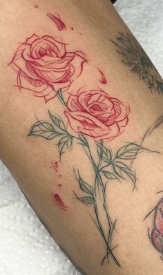 Pictures For Tattoos, Rose On A Vine Tattoo, Partially Colored Tattoo, Unique Rose Tattoo Designs, Simple Rose Tattoo Color, Madura Tattoo Design, Forearm Tattoo Women Design, Rose With Face Tattoo, Red Roses Arm Tattoo