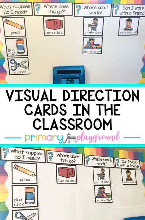 Visual Direction Cards In The Classroom - Primary Playground Shared Classroom Supplies Organization, Visual Direction Cards, Primary Playground, Sped Classroom, Classroom Layout, Inclusion Classroom, Elementary Classroom Decor, Classroom Behavior Management, Classroom Organisation