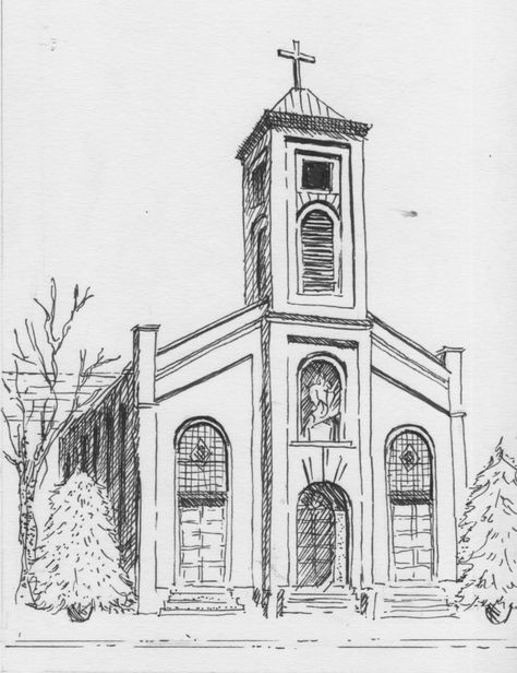 Community Drawing Sketch, Catholic Drawings Easy, Gothic Architecture Drawing Sketch, Alter Drawing, Old Church Drawing, Church Drawing Sketch, Churches Drawing, Building Illustration Sketch, Old Building Drawing